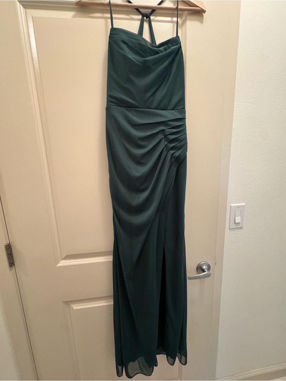 Azazie Dark Green Ruched Maxi Dress with Spaghetti Straps